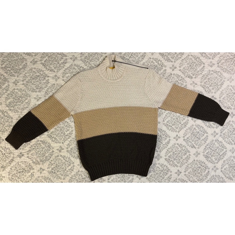 St John Colorblock Chunky Knit Womens Sz P Turtleneck Sweater Beige Brown Black‎